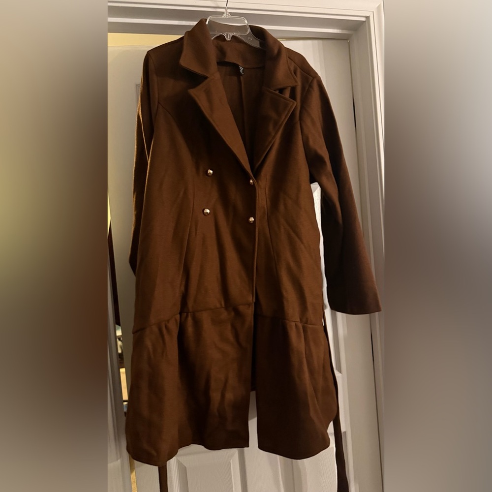 Pre-Owned Brown SHEIN LUNE Lapel Neck Double Breasted Belted Overcoat